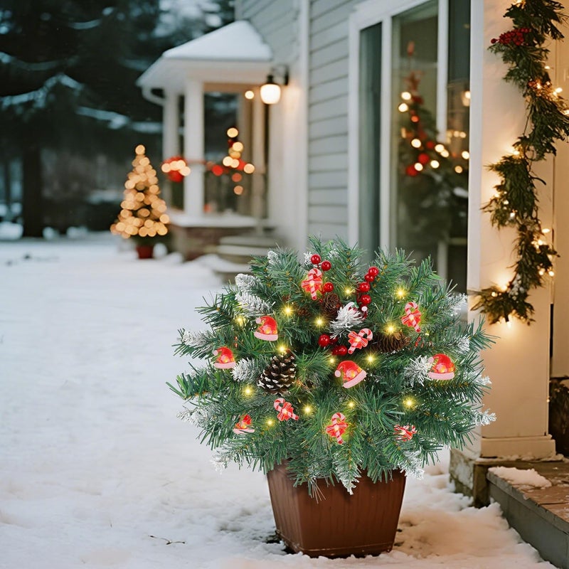 Dr.DuDu 15 Inch Outdoor Christmas Decorations Urn Filler for Front Porch- Lighted Christmas Pot Fillers with Stake, Xmas Pine Trees with Timer for Outside Home Décor - Image 2